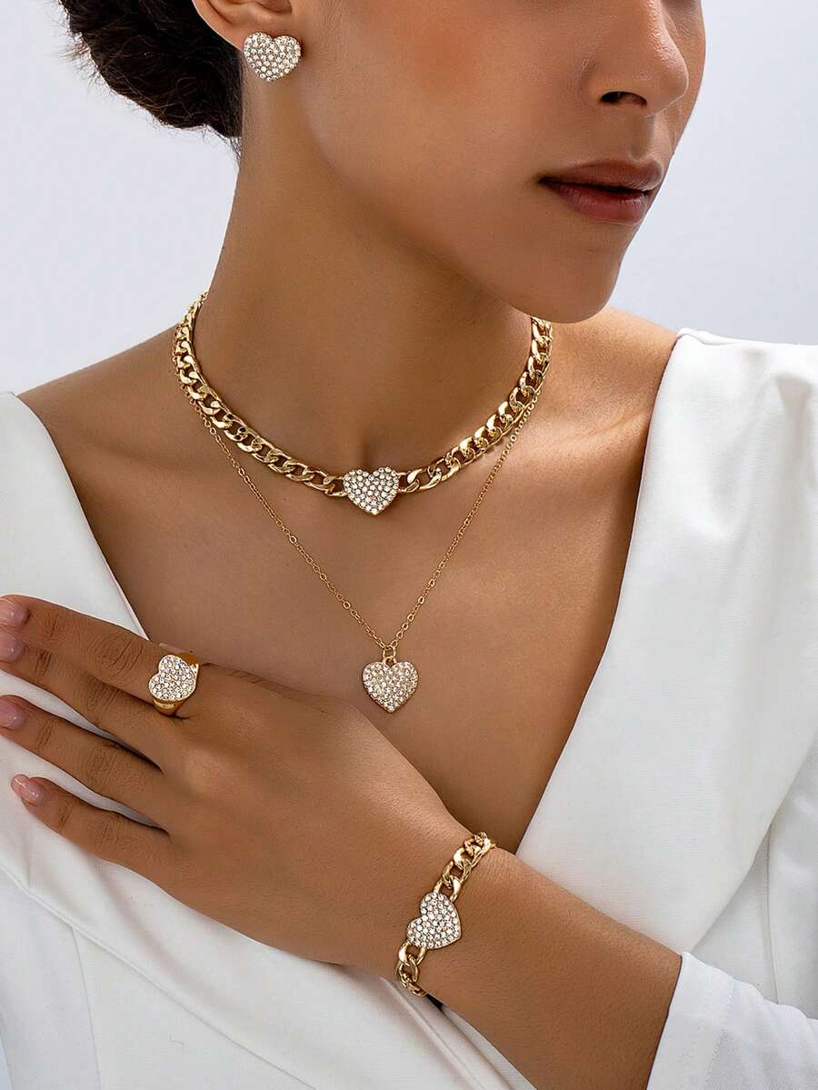 6pcs/Set Elegant Metal Gold Heart Rhinestone Pendant Necklace, Bracelet, Ring, Earrings Jewelry Set For Women, Versatile For Daily Wear & Festivals - Yellow Gold - View 1