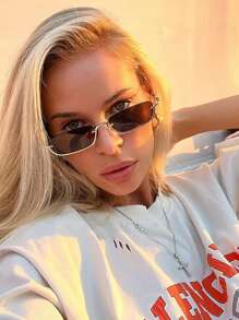 1 pieza Gafas de moda de mujer con montura metálica de media montura, con forma cuadrada, estilo callejero europeo y americano, estilo universitario versátil para volver a la escuela, con forma rectangular