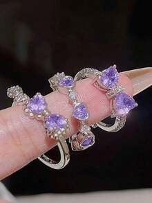 3 件/套时尚 Y2k 风格蝴蝶结心形水钻戒指套装，适合女孩，适合派对、圣诞节、情人节礼物、日常佩戴