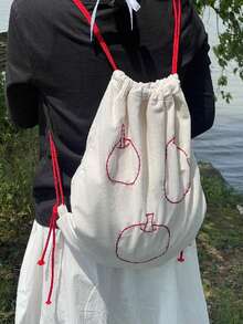 返校大红苹果学生背包，小众设计米色抽绳书包，百搭可爱，适合日常外出，适合大学生和高中生 - 米色 - 查看 3