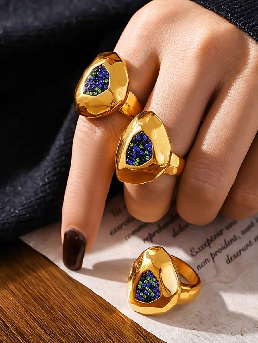 1pc Elegant Multi-Faceted Colorful Crystal Stainless Steel Ring, Women's Daily Accessory