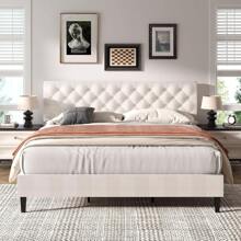 Upholstered Bed Frame With Headboard, Linen Fabric Bed Frame With Button Tufted Headboard, No Box Spring Needed, Easy Assembly, Twin/ Full/ Queen/ King, Beige/ Pink/ Dark Grey/ Grey/ Blue/ Cream/ Black