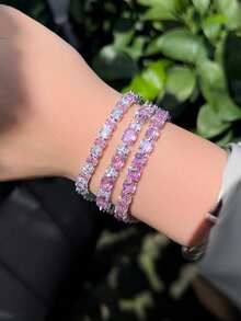 1条非常华丽的粉色立方氧化锆水晶订婚日常派对链网球手链，女士婚礼新娘珠宝礼物 - 粉色 - 查看 5