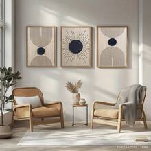 三联框帆布墙画，百搭墙饰，适用于任何房间 - 时尚木框，日月图案，木纹艺术印刷，简约风格，黑色，彩虹线条，酒吧、客厅、咖啡馆、家居和宿舍墙面装饰 - 彩色 - 查看 2