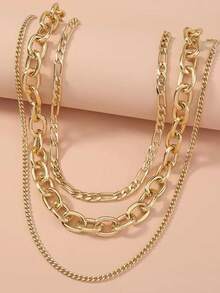 3pcs Multi-Layer Necklace Set, Exaggerated Punk Hip Hop Thick Chain Necklaces For Women, Suitable For Daily Wear, Commuting And Versatile - Yellow Gold - View 2