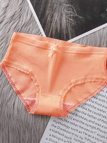 6条随机颜色蝴蝶装饰纯色罗纹棉质内裤，女士涤纶罗纹蕾丝边日常内衣 - 彩色 - 查看 6