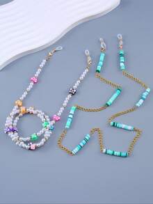 2pcs Women Cute Faux Pearl Beaded Soft Clay Mask Strap & Eyeglasses Chain (Random Colors) - Multicolor - View 4