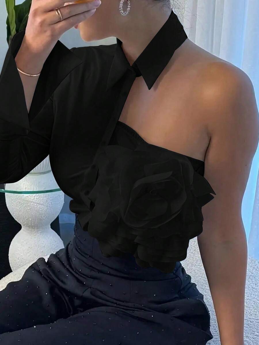 女士简约设计3D立体花卉前开襟纽扣优雅衬衫 黑色夏季 - 黑色 - 查看 1