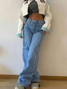 Girl's Casual High Waist Straight Leg Versatile Jeans, Suitable For Outings