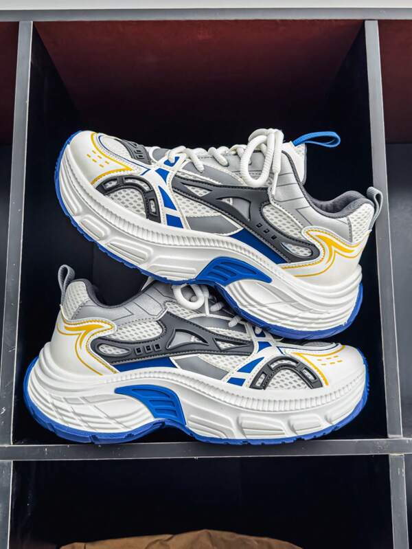 New Fashion Men Casual Sneakers Low Top Niche Design Stylish Thick Sole Mid Top Sporty Shoes, Colorblock Outdoor Travel Shoes