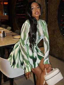 Allover Print Matching Crop Top & Tie Front Skirt Set, Suitable For Dates, Beach - Multicolor - View 2