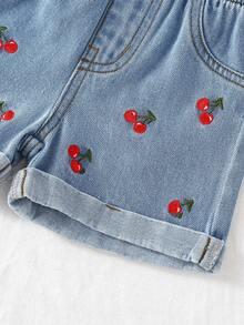 2件套女婴可爱甜美樱桃刺绣牛仔幼儿服装套装 - 中等水洗藍 - 查看 4