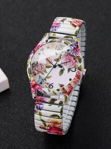 1pc Women's Printed Elastic Strap Casual Digital Scale Dial Quartz Watch, Fashion Classic Character Watch, No Watch Box Included - White - View 5
