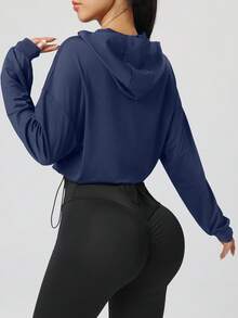 女士抽绳下摆连帽运动夹克，休闲短款拉链健身瑜伽外套