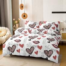 3pcs Leopard Heart Print Duvet Cover Set "Sweet Kiss" (2 Pillowcases, 1 Duvet Cover, No Filling), 100% Polyester, Romantic Bedding Set, Soft, Breathable & Comfortable, Suitable For All Seasons, Available In Multiple Sizes For Bedroom, Guest Room & Dormitory