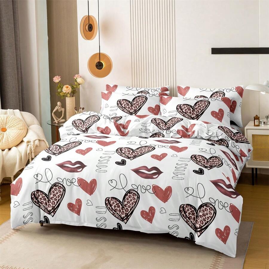 3pcs Leopard Heart Print Duvet Cover Set "Sweet Kiss" (2 Pillowcases, 1 Duvet Cover, No Filling), 100% Polyester, Romantic Bedding Set, Soft, Breathable & Comfortable, Suitable For All Seasons, Available In Multiple Sizes For Bedroom, Guest Room & Dormitory