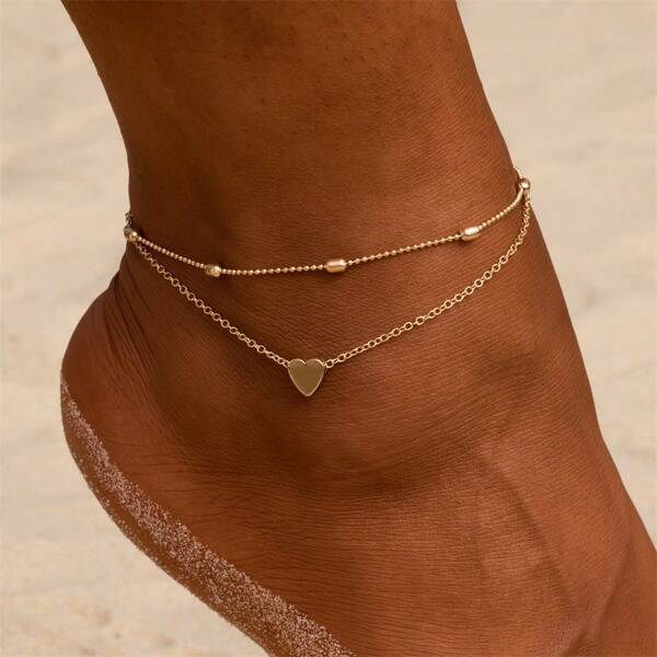 1 stuk elegante meerlaagse hartvormige strandenkelketting voor dames, geschikt voor vakantie en feestjes in de zomer