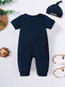 2pcs Men's Baby Letter Little Brother Fashion Printed Shoulder Short Sleeved Jumpsuit&Hat Summer Set