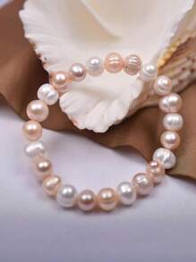1pc Cultured Freshwater Pearl Beaded Elastic Bracelet, Candy Color Simple & Elegant, Suitable For Women's Daily Wear, Jewelry Gift