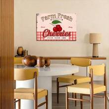1 Pc Framed Farm Fresh Sweet Juicy Cherries Vintage Metal, Retro Fruit Poster Decorative Wall Art Canvas Poster Painting Wall Decor For Bedroom Living Room - Apricot - View 2