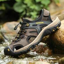 Sandals Men's Outdoor Leather Non-Slip Casual Shoes Men's Head Layer Cowhide Summer Baotou Breathable Soft Bottom Beach Shoes Men - 深棕色 - 查看 1