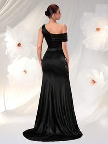 ADYCE 1 件纯色褶饰高腰开衩下摆鸡尾酒会晚礼服、婚礼宾客礼服、正式礼服、长袍 - 黑色 - 查看 2