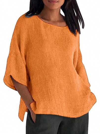 Women Fashion Casual Shirts Solid Color 3/4 Sleeve Round Neck Blouses Summer Loose Tops Streetwear