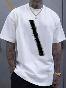 Front Unique Brush Pattern Print Round Collar Short Sleeve T-Shirt Top Comfort Breathable Fabric Leisure Sports Style Men 100% Cotton Street Wear T-Shirt (Choose A Larger Size To Get A Looser Effect)