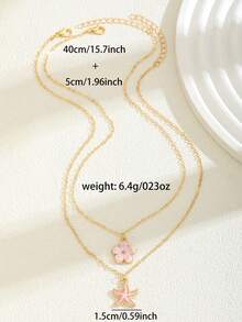2pcs/Set Delicate & Fashionable Sweet 5-Petal Flower & Starfish Pendant Necklace, Suitable For Girls Wear To Beach, Party, Travel, Daily Occasions In Summer - Multicolor - View 11
