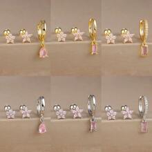 3pcs Square Pink Zirconia Flower Earrings Set For Women 18K Gold Plated Stainless Steel And Copper Helix Screw Cartilage Piercing Party Jewelry Accessories Valentines,Mom,Mother,Mother's Day,Gift