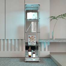 Vetrina luminosa in vetro, cantinetta porta vino con 4 ripiani in vetro, vetro temperato, vetrina per bar e soggiorno, con serratura, stile moderno, bianco - 164 x 42 x 36 cm