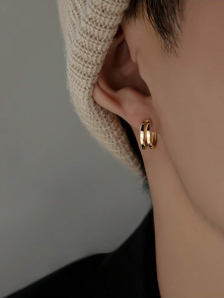 1 Cặp hoa tai hình tròn đôi tối giản dành cho nam, thích hợp để đeo hàng ngày, dự tiệc và các dịp đặc biệt - Vàng - Xem 1