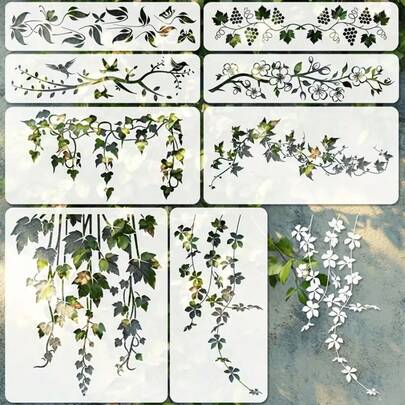 8 件大型藤蔓模板，用于在木材上绘画，可重复使用的艺术和 DIY 工艺品模板，包括藤蔓、叶子、花卉、花朵、蝴蝶、树枝和鸟类 - 非常适合织物、帆布、木材、墙壁、家具和家居装饰，工艺装饰模板自然灵感设计耐用模板，用于绘画的模板