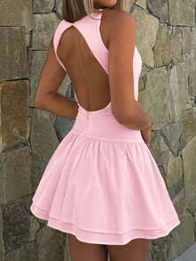 Women's Solid Color Fitted Backless Christmas Dress - Pink - View 6