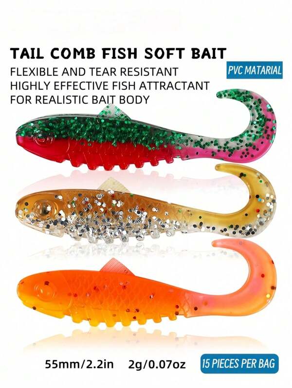 TACKLEPIONEER Leurres de pêche souples, 15 pièces, accessoires de pêche Leurres souples en silicone artificiel avec queue bouclée, leurre asticot mou, leurre nageur, appât flottant pour la pêche à la truite et au black bass, appât bionic factice, ver souple avec hameçon monté, pêche sauvage en fosse noire, appât factice, appât Pêche Poisson.