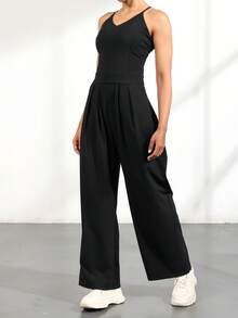 Women's Casual Pleated Loose Straight Leg Pants With Adjustable Shoulder Straps, Suitable For Spring And Summer Sports And Leisure Daily Travel, High-End Wide Leg Front Zipper Sleeveless Jumpsuit, Sexy Shoulder Strap Wide Leg Jumpsuit - màu đen - Xem 6