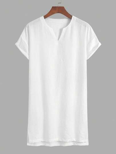 Camiseta casual de hombre de cuello en V y manga corta, de unicolor, de longitud media, simple y versátil para usar en casa, ir al trabajo o actividades al aire libre, elegante y esencial bata de hombre