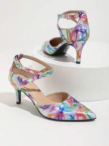 Scarpe da donna con tacco alto in raso con motivo floreale, chiuse sulla punta, con design traforato e versatili