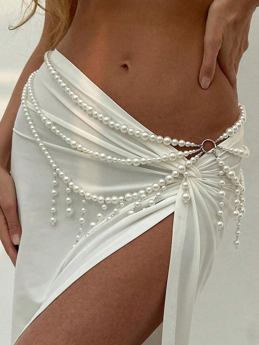 1pc Sexy Beach Pearl Tassel Waist Chain Elegant Vacation Multi-Layer Faux Pearl Tassel Body Chain Bikini Chain Jewelry, Suitable For Beach Vacation, Seaside, Summer