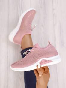 Zapatillas Deportivas Mujer Rosa - Tejido de Malla Transpirable con Strass, Cordón Ajustable Rápido, Suela Confortable, Estilo Casual Perfecto para Caminar y Actividades Diarias - Rosa - Ver 3