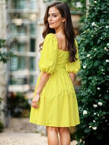 Vestido Corto de Escote Cuadrado con Manga Abullonada Casual para Mujer - Amarillo - Ver 2