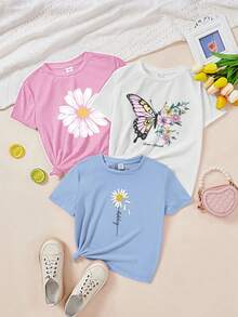 Conjunto de 3 piezas informal y minimalista para mujer con estampado de mariposa y flor, camiseta de cuello redondo, manga corta para verano - Blanco - Ver 1