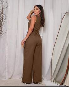 Long Wrap Jumpsuit With V-Neckline - Burnt Caramel - View 2