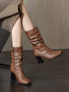 Botas de tacón alto elegantes y versátiles de ajuste ceñido, botas de tobillo de moda con tacón grueso, puntera cuadrada y plisadas, estilo vintage - Marrón - Ver 4