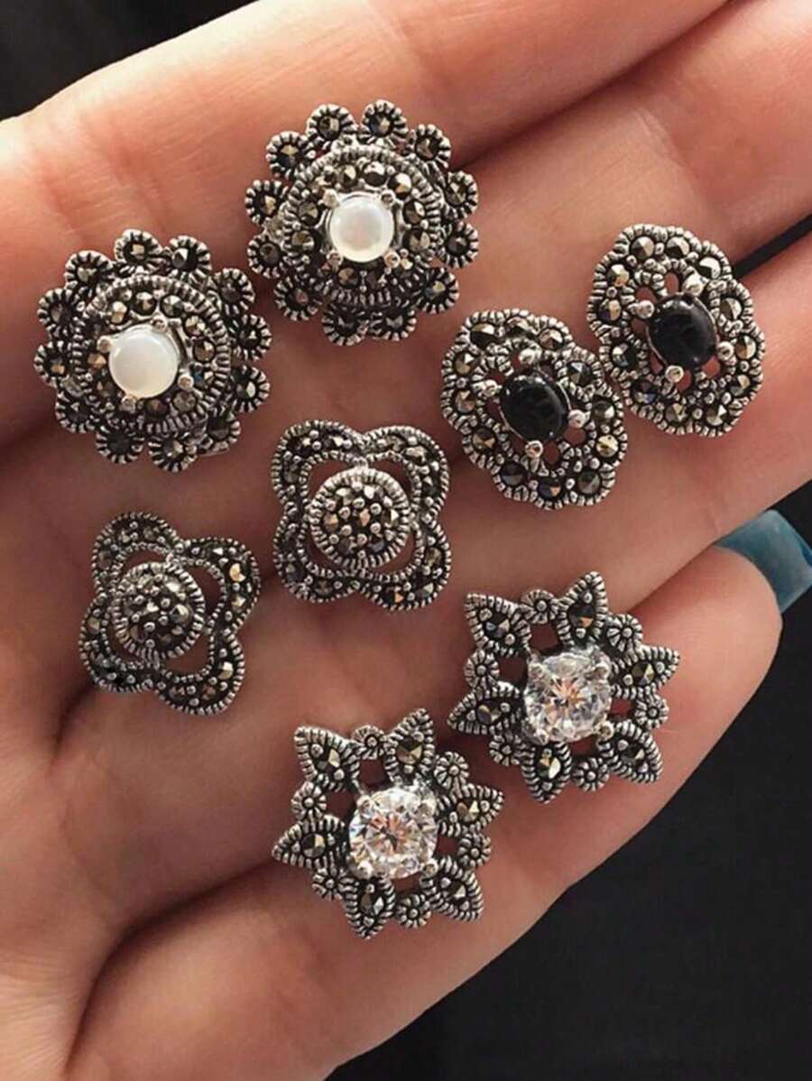 4 أزواج من أقراط الأزهار البوهيمية المصنوعة من حجر الهوليت، طقم أقراط عتيق من 4 قطع