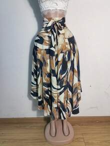 Falda con estampado todo sobre y abertura lateral con cinturón - Multicolor - Ver 2