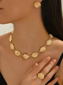 1 Set de Joyas con Colgante, Aretes y Anillo con Diseño Minimalista de Concha Marina, Regalo de Accesorios con Temática Oceánica para Vacaciones/Citas para Mujeres