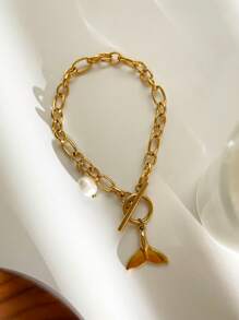 新款女士不锈钢链式手链，时尚 OT 扣设计，搭配海洋风格吊坠，适合个性化日常佩戴 - 金色 - 查看 11