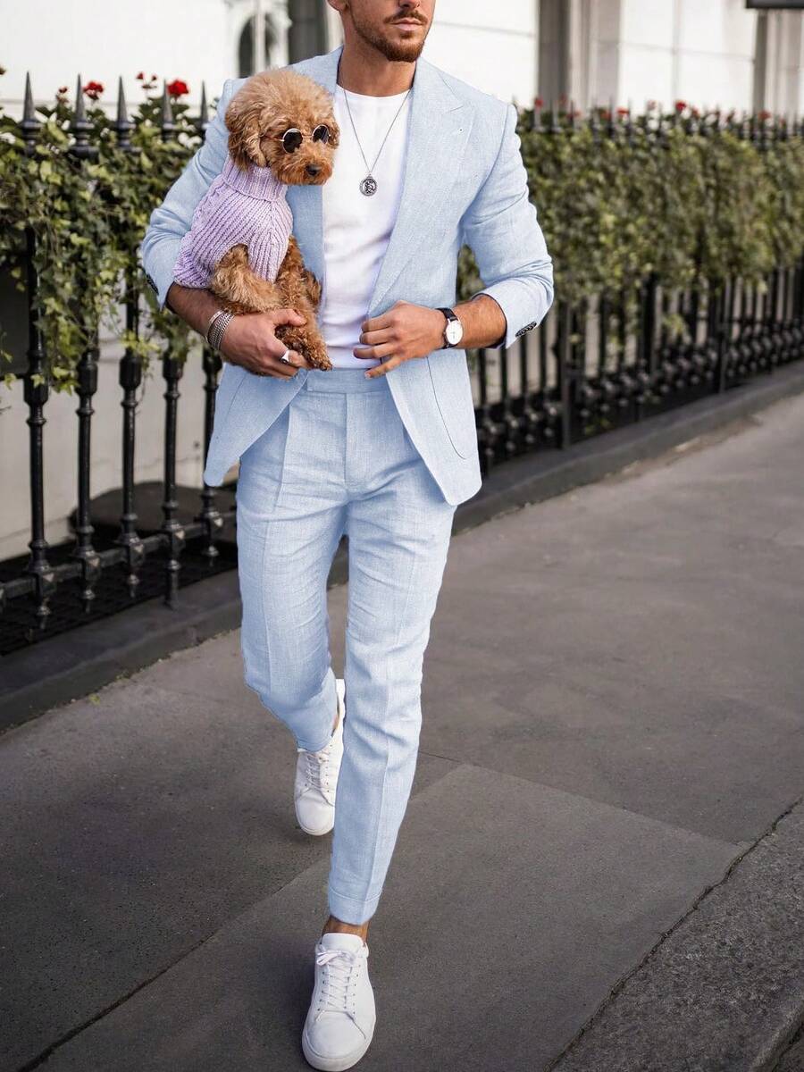 Mens Linen Suit For Summer Casual Beach Wedding 2 Pieces Suits Transparent Men Casual Business Linen Suit For Party Grooms Tuxedo Lightweight Blazer Jacket Pants - 淺藍色 - 查看 1