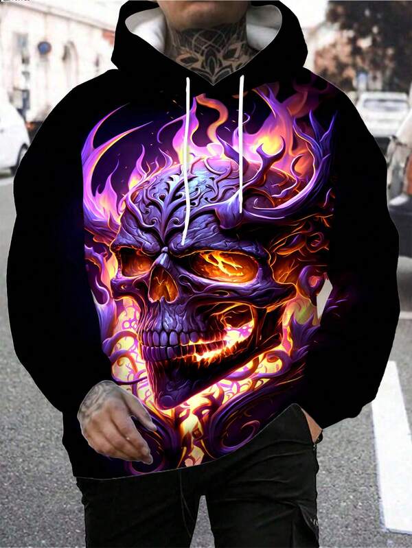 Sudadera con capucha casual de manga larga con cordón y estampado 3D de calavera con llamas, otoño